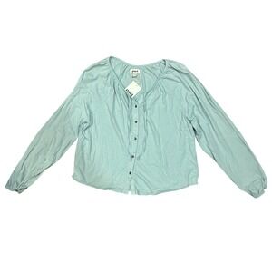 Pact Women's Blue Mist Josie Post Sleeve Top Button Tie Neck Size Small NWT